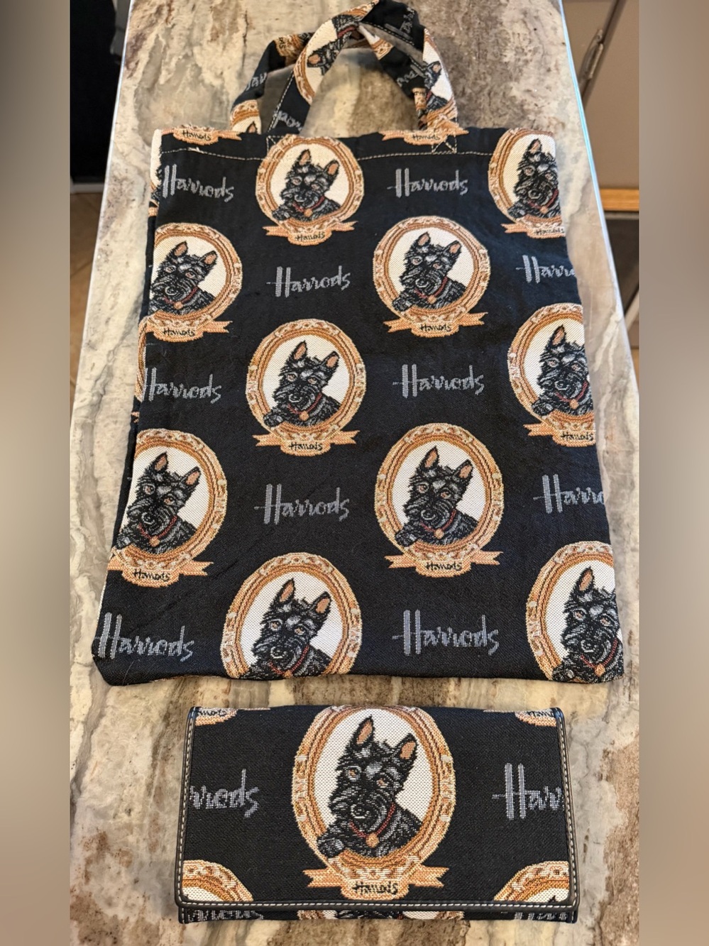 Vintage Harrods Black & Tan Scottie Dog Tote tapestry Bag & matching Wallet Set